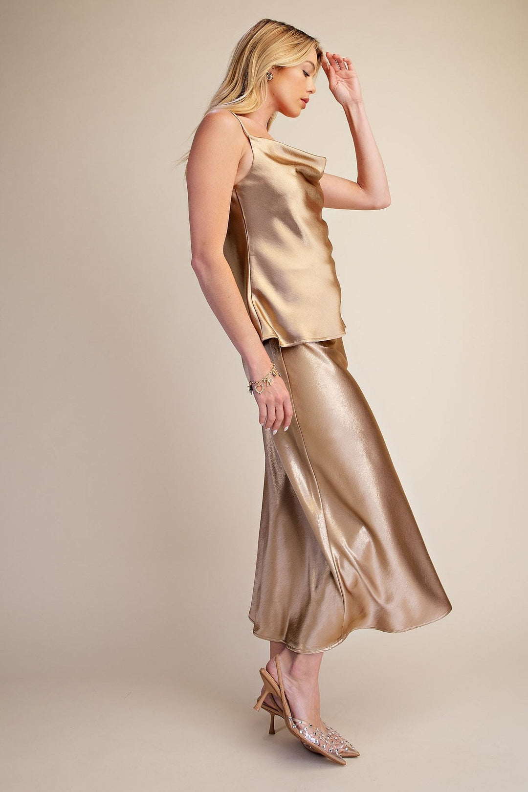 Taupe Metallic Shimmer Satin Cami and Midi Skirt Set - STYLED BY ALX COUTUREOutfit Sets