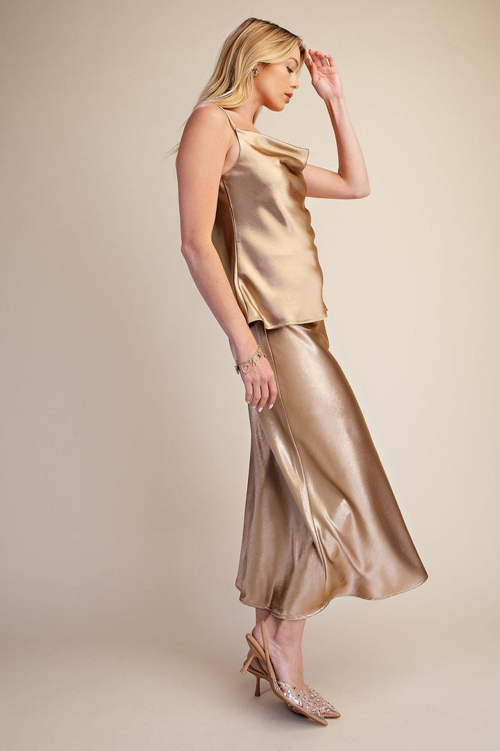 Taupe Metallic Shimmer Satin Cami and Midi Skirt Set - STYLED BY ALX COUTUREOutfit Sets