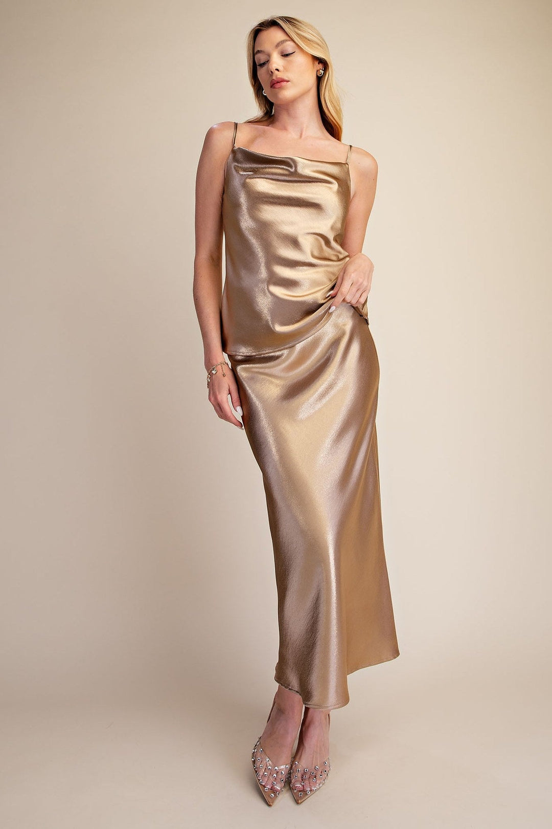 Taupe Metallic Shimmer Satin Cami and Midi Skirt Set - STYLED BY ALX COUTUREOutfit Sets