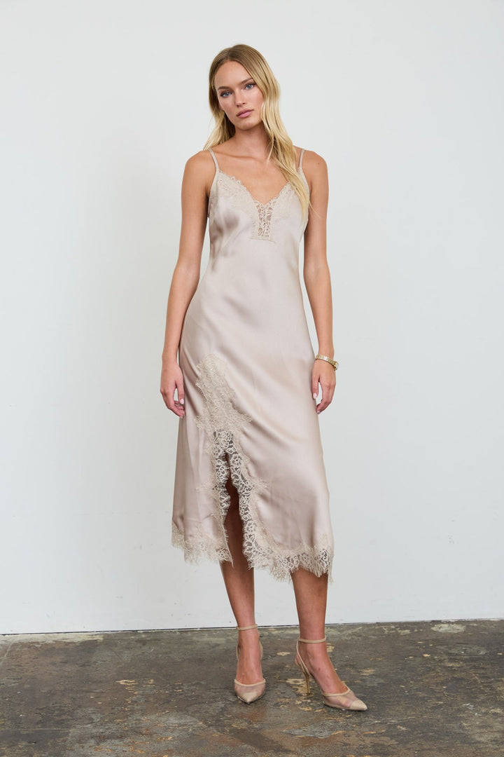 Taupe Satin Lace Slip Dress - STYLED BY ALX COUTUREDresses