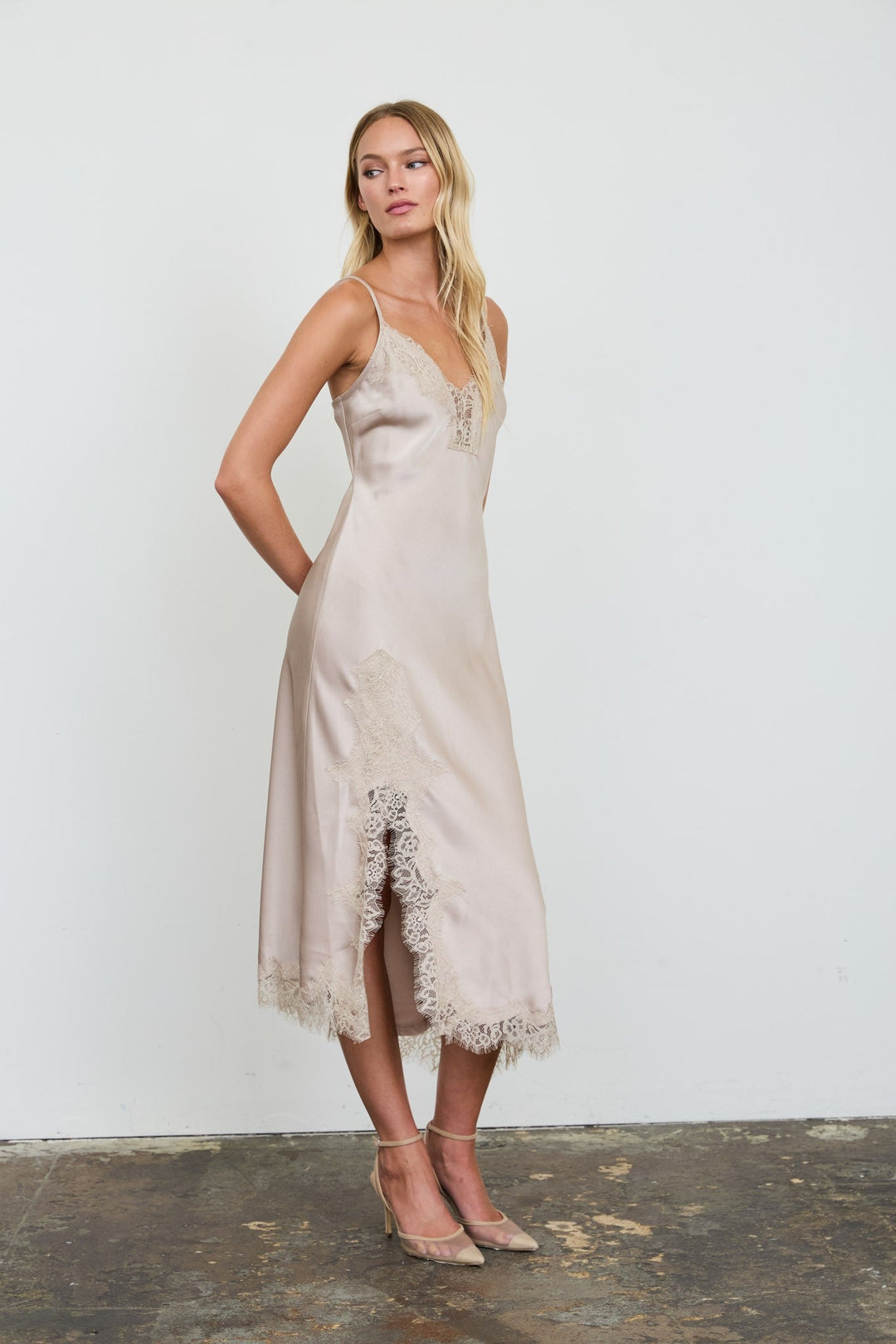 Taupe Satin Lace Slip Dress - STYLED BY ALX COUTUREDresses