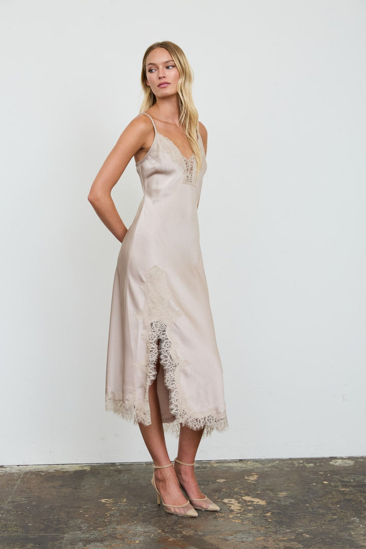 Taupe Satin Lace Slip Dress - STYLED BY ALX COUTUREDresses