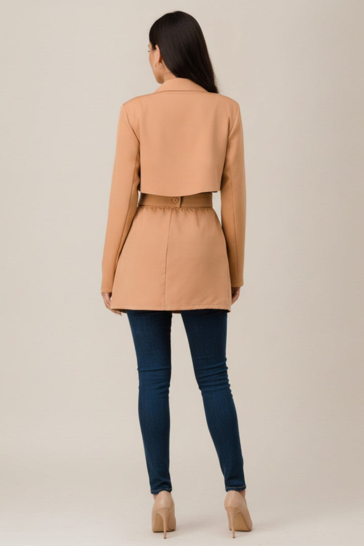 Back view of the taupe twill blazer jacket with long sleeves, a fall workwear layer