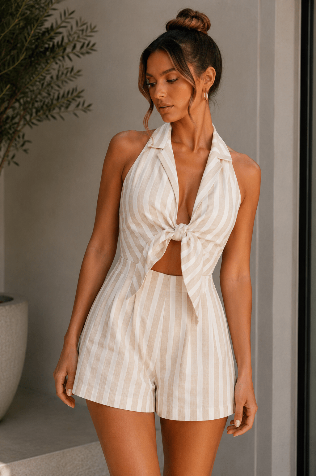 Taupe & White Striped Tie Front Romper - STYLED BY ALX COUTUREJumpsuits & Rompers