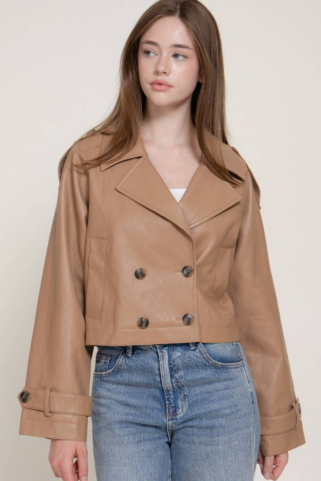 Toffee Faux Leather Short Trench Coat - STYLED BY ALX COUTUREOuterwear