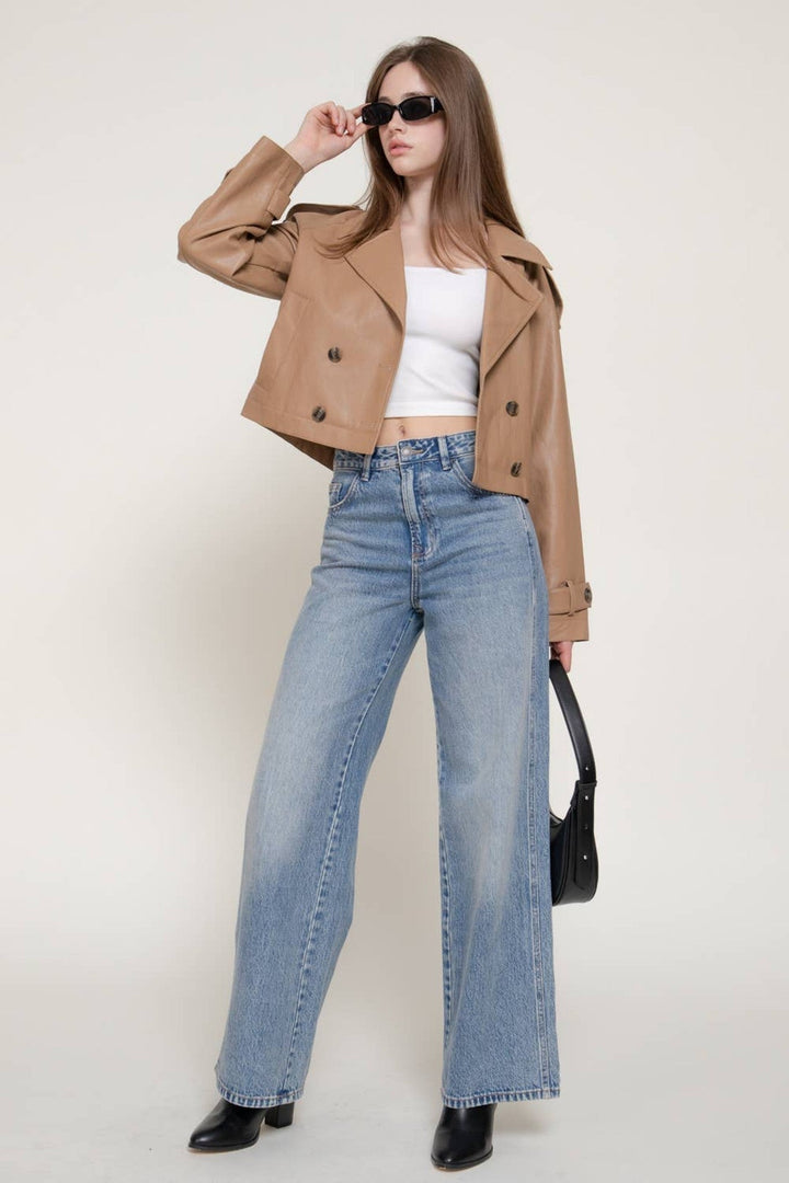 Toffee Faux Leather Short Trench Coat - STYLED BY ALX COUTUREOuterwear