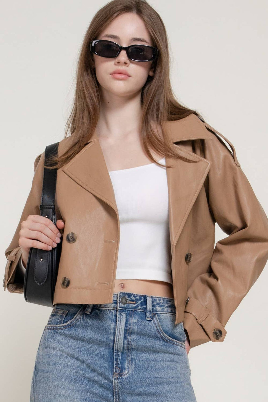 Toffee Faux Leather Short Trench Coat - STYLED BY ALX COUTUREOuterwear