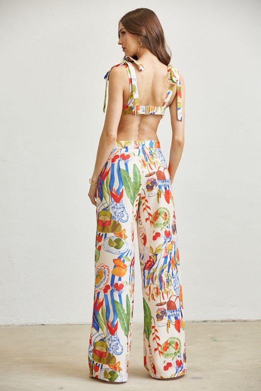 High waisted wide leg pants in a lemon and chili pepper print, STYLED BY ALX