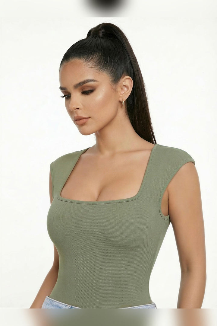 Washed Olive Square Neck Sleeveless Bodysuit - STYLED BY ALX COUTUREBodysuits