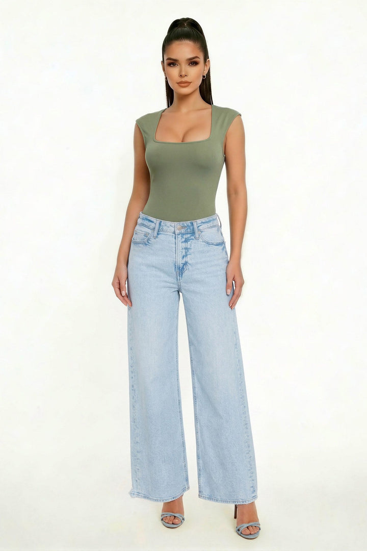 Washed Olive Square Neck Sleeveless Bodysuit - STYLED BY ALX COUTUREBodysuits