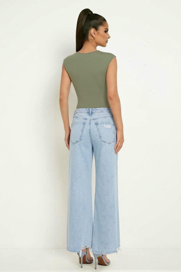 Washed Olive Square Neck Sleeveless Bodysuit - STYLED BY ALX COUTUREBodysuits
