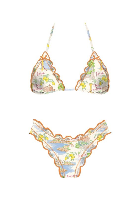 Wave Catcher vacation map print bikini set with scalloped terracotta trim