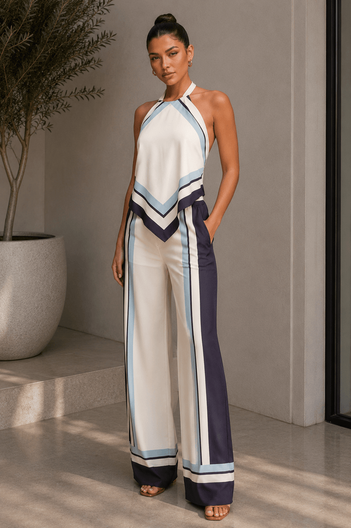 White & Blue Scarf Top Pant Set - STYLED BY ALX COUTUREOutfit Sets