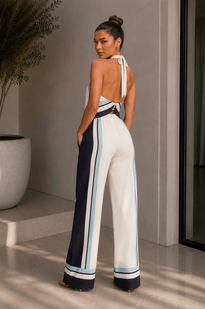 White & Blue Scarf Top Pant Set - STYLED BY ALX COUTUREOutfit Sets