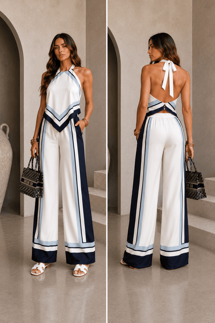 White & Blue Scarf Top Pant Set - STYLED BY ALX COUTUREOutfit Sets