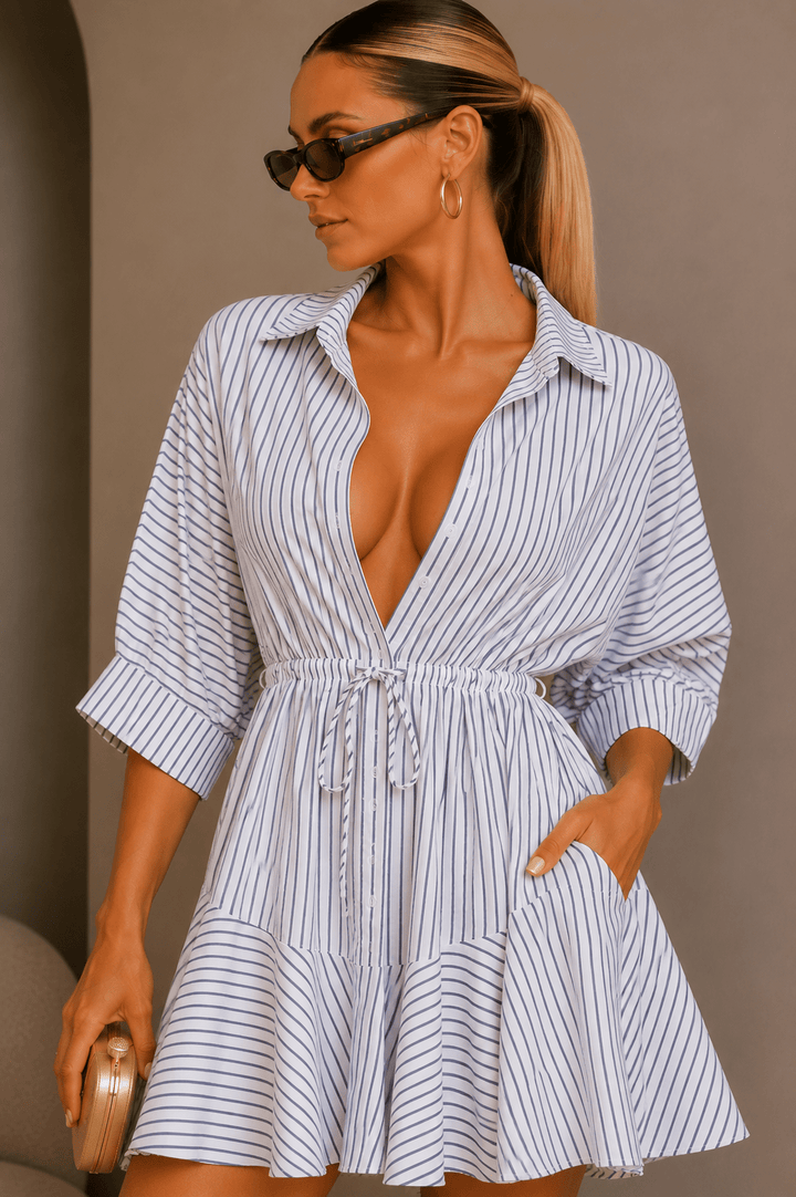 White & Blue Striped Ruffle Dress - STYLED BY ALX COUTUREDresses