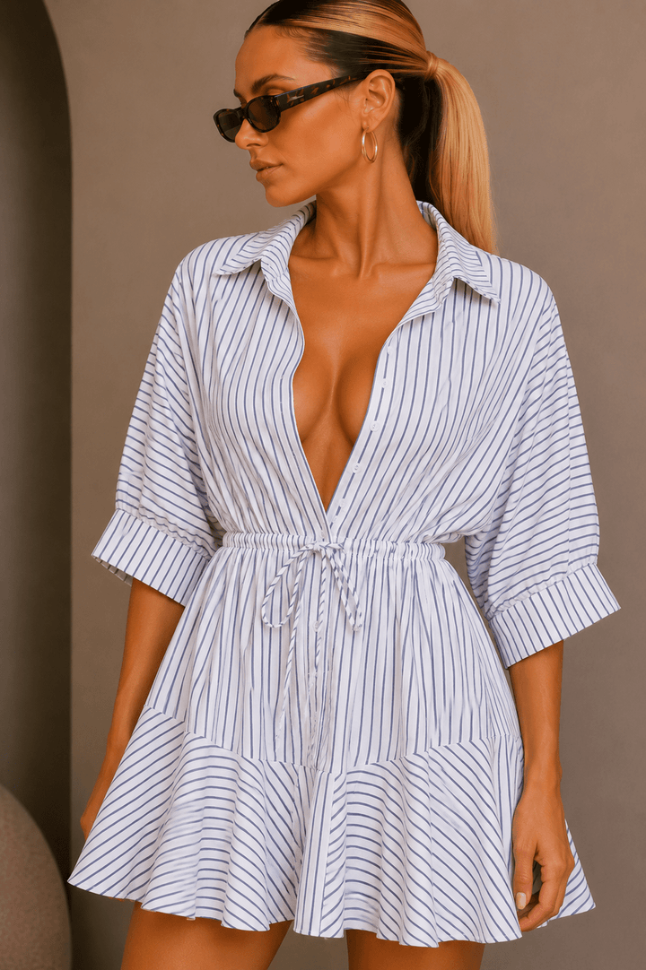 White & Blue Striped Ruffle Dress - STYLED BY ALX COUTUREDresses