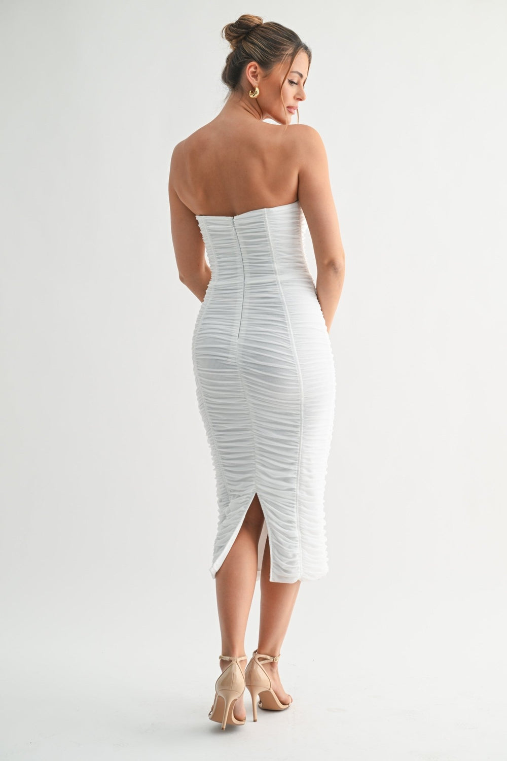Off white stretch nylon ruched midi dress - STYLED BY ALX COUTURE