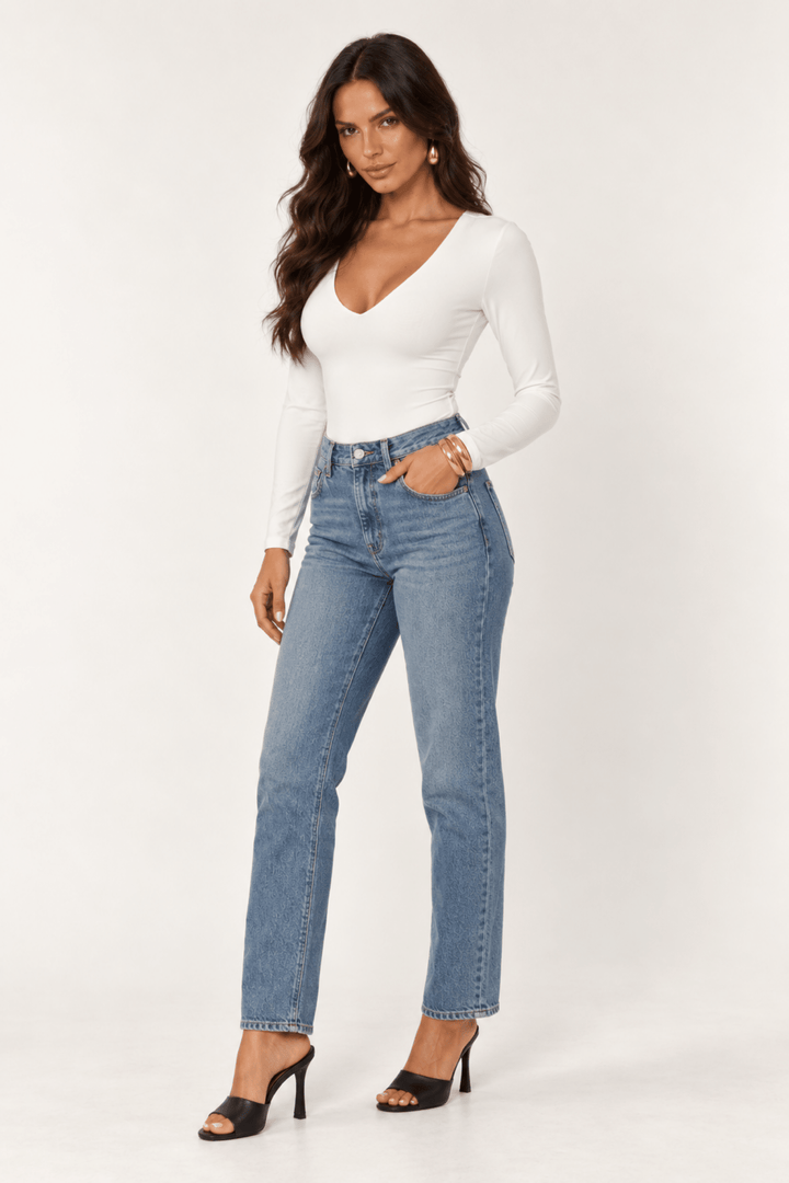 White Contour V-Neck Bodysuit - STYLED BY ALX COUTUREBodysuits