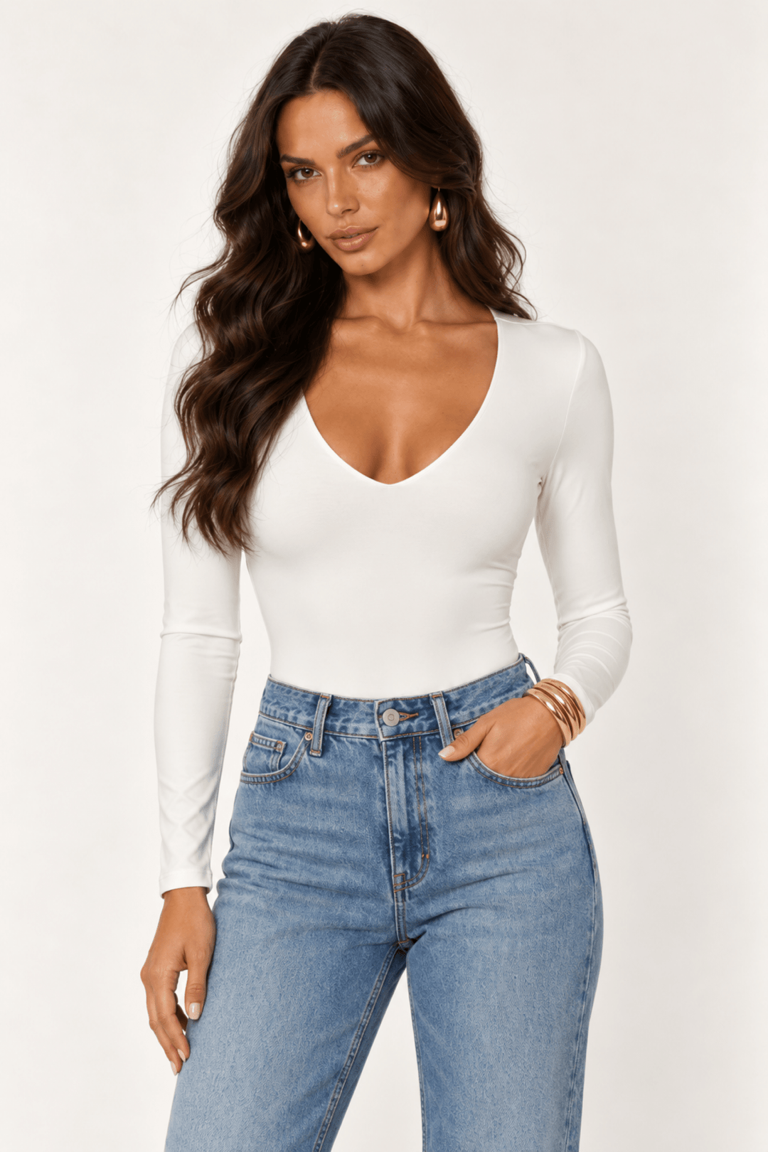White Contour V-Neck Bodysuit - STYLED BY ALX COUTUREBodysuits