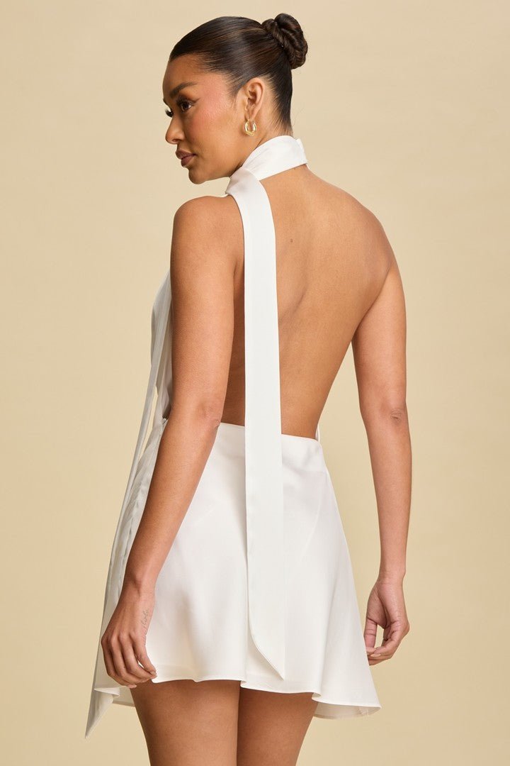 White Drape Satin Cowl Mini Dress STYLED BY ALX COUTURE White Drape Satin Cowl Mini Dress STYLED BY ALX COUTURE