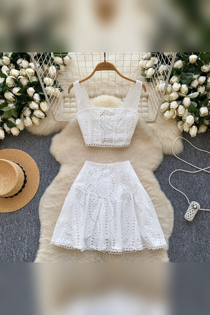 White Eyelet Flared Skirt Set - STYLED BY ALX COUTUREOutfit Sets