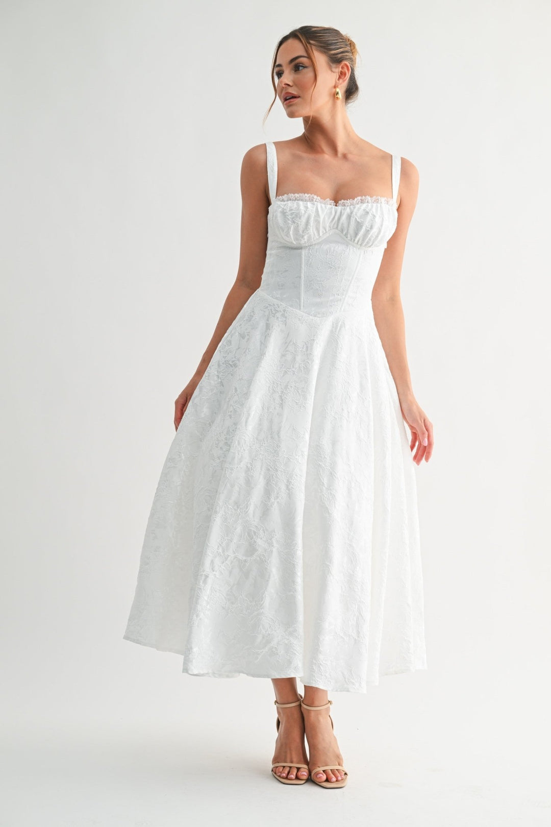 White Floral Jacquard Corset Midi Dress