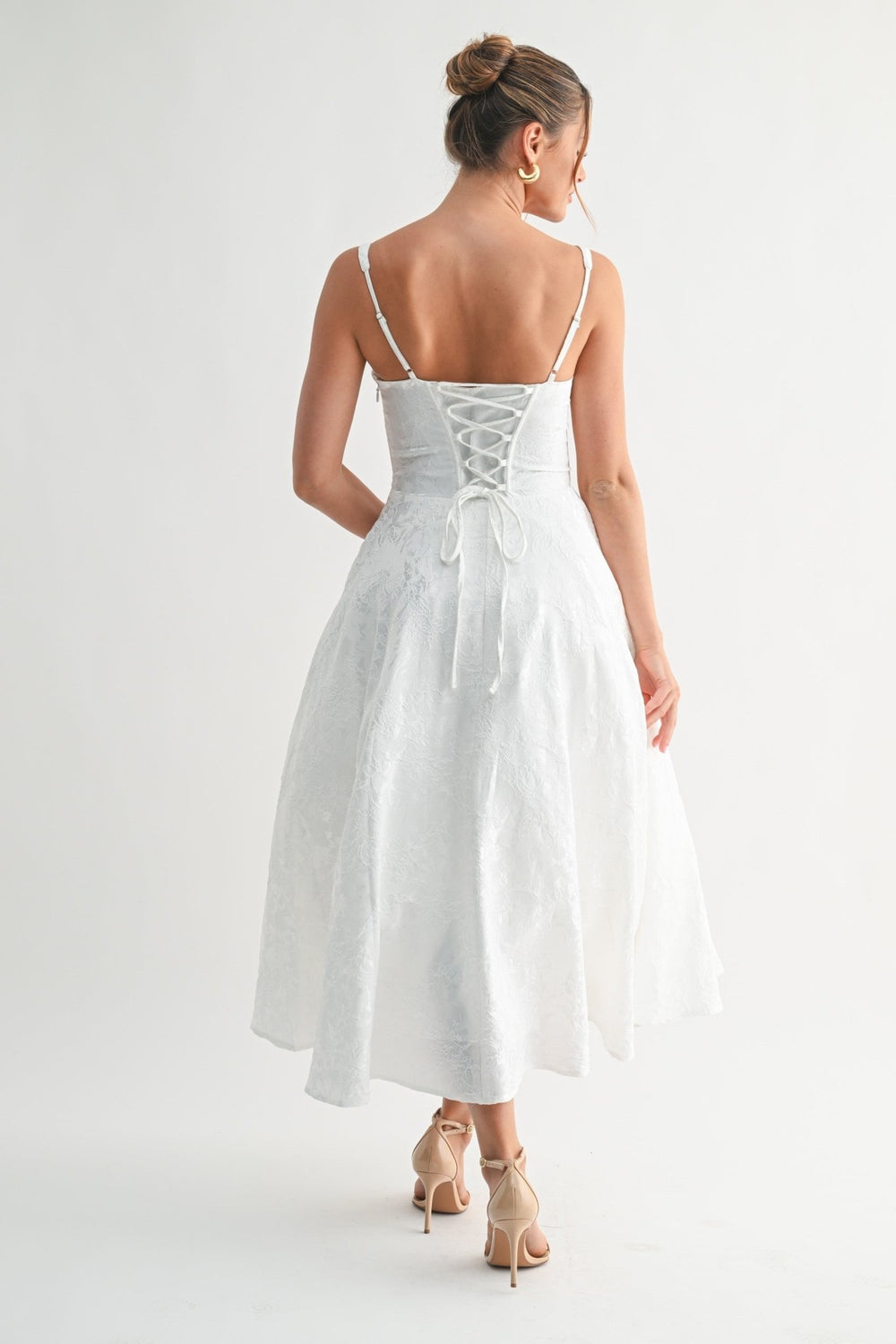 Ivory toned floral jacquard midi dress with volume through the skirt