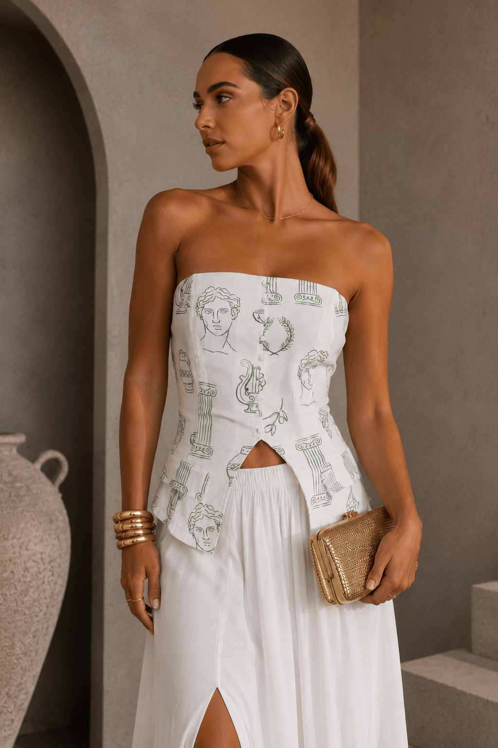 White & Green Printed Strapless Top - STYLED BY ALX COUTURETOPS