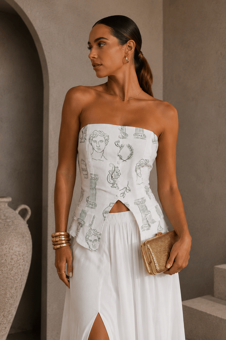 White & Green Printed Strapless Top - STYLED BY ALX COUTURETOPS