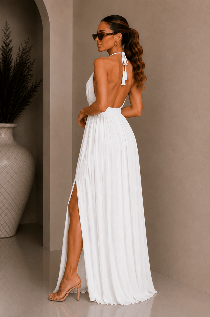 White Halter Flowy Maxi Dress