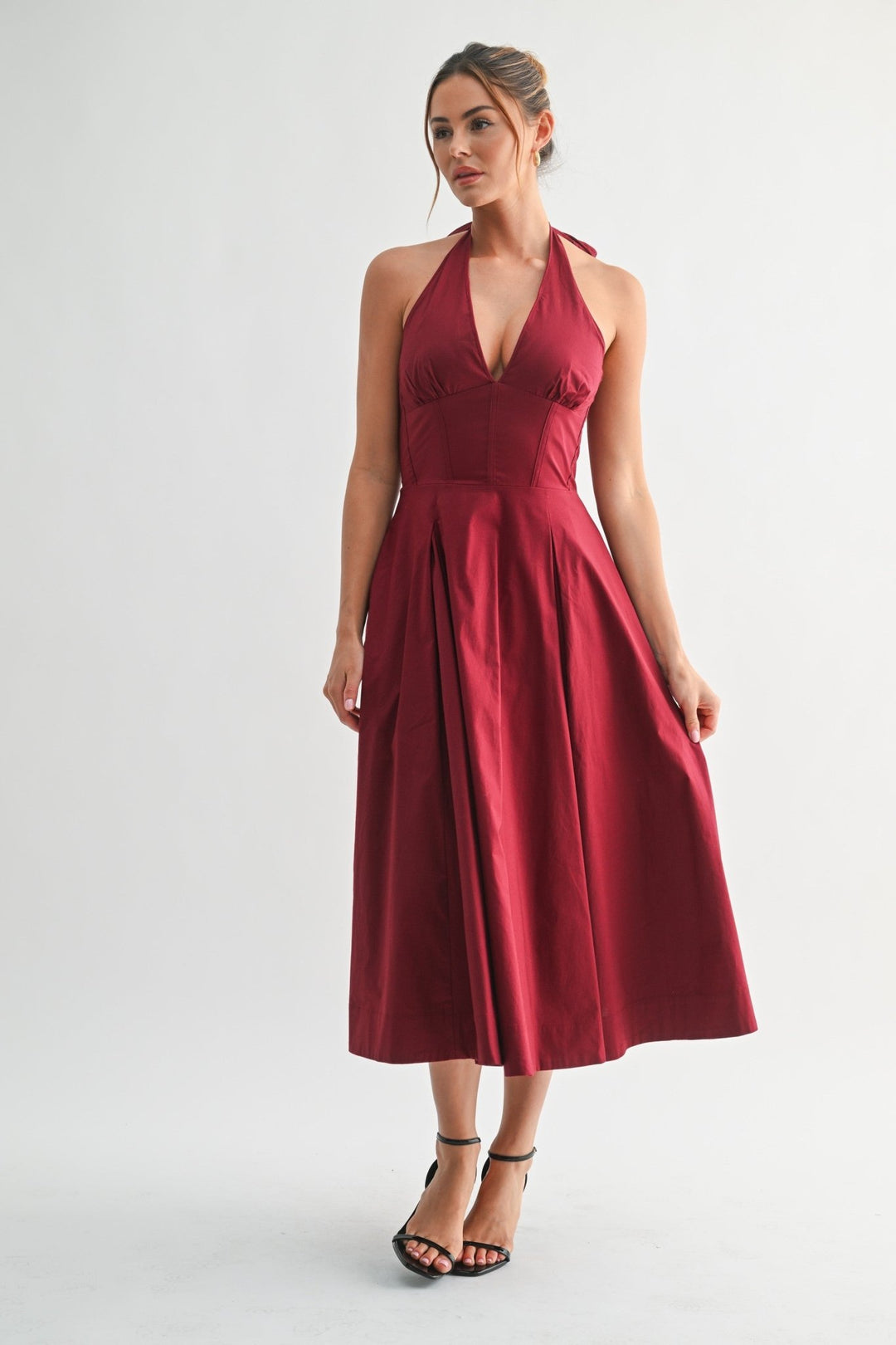 Burgundy Halter Manhattan Tie-back Midi Dress STYLED BY ALX COUTURE Burgundy Halter Manhattan Tie-back Midi Dress STYLED BY ALX COUTURE