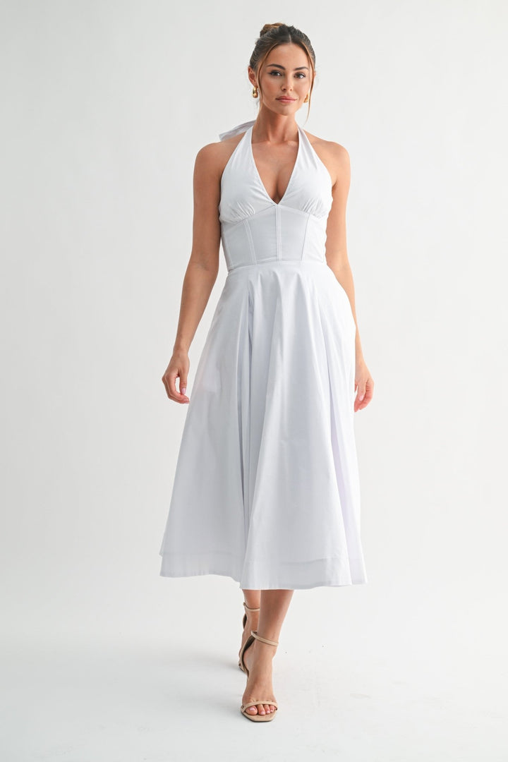 White Halter Manhattan Tie - back Midi Dress - STYLED BY ALX COUTUREDresses