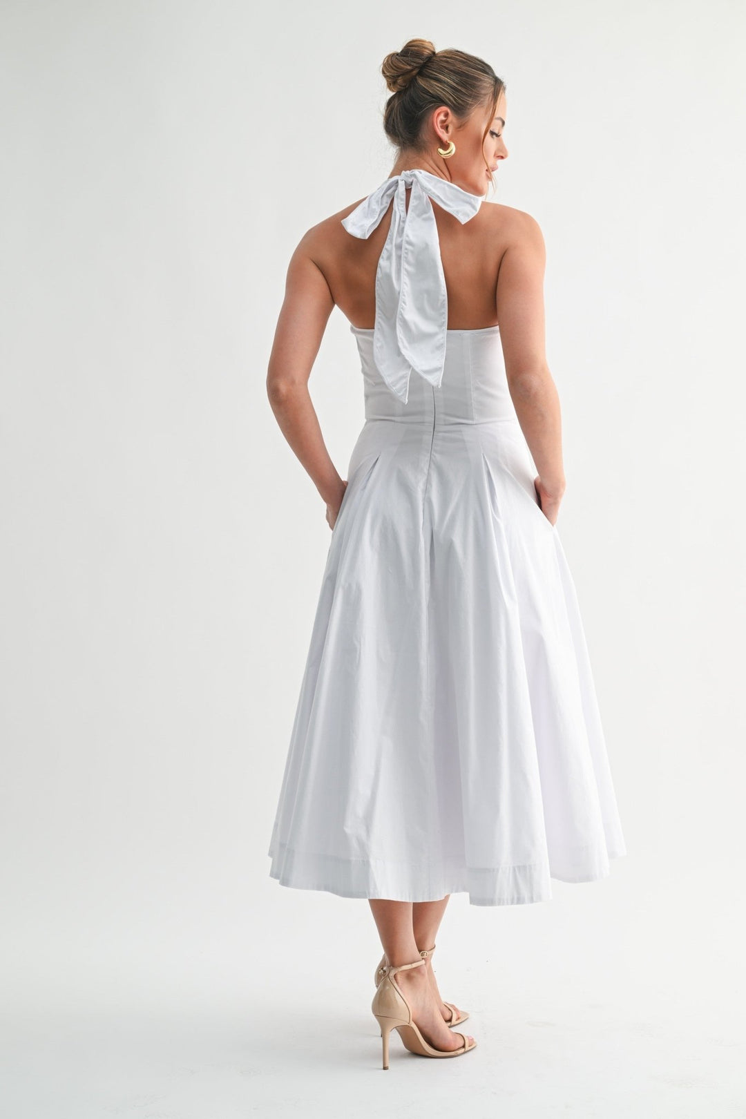 White Halter Manhattan Tie-back Midi Dress STYLED BY ALX COUTURE White Halter Manhattan Tie-back Midi Dress STYLED BY ALX COUTURE