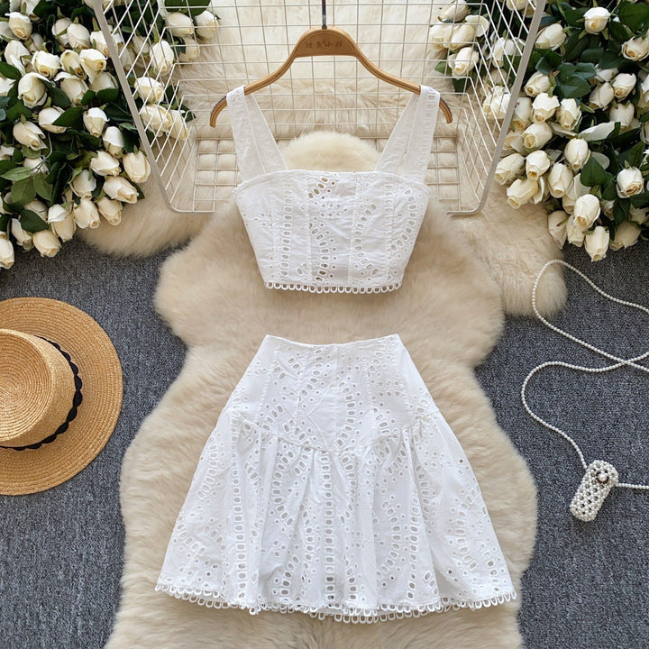 White Hollow Embroidery Suit - STYLED BY ALX COUTUREOutfit Sets