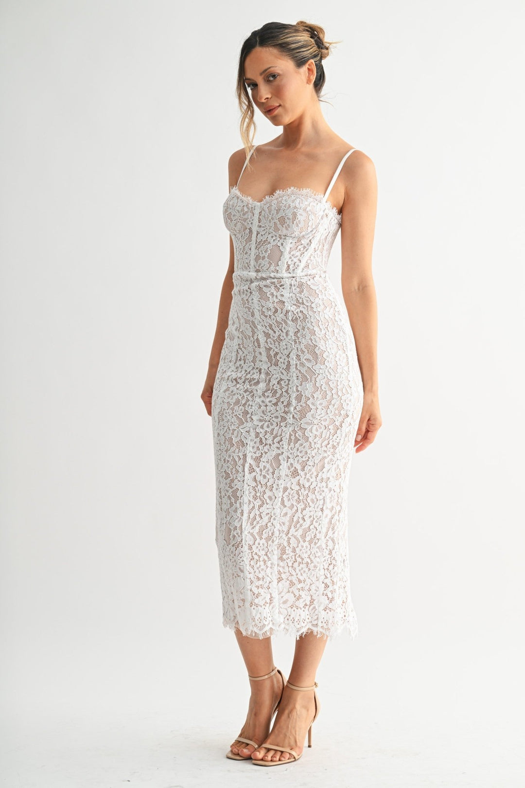 white lace corset midi dress Strapless Corded Lace Corset Midi Dress
