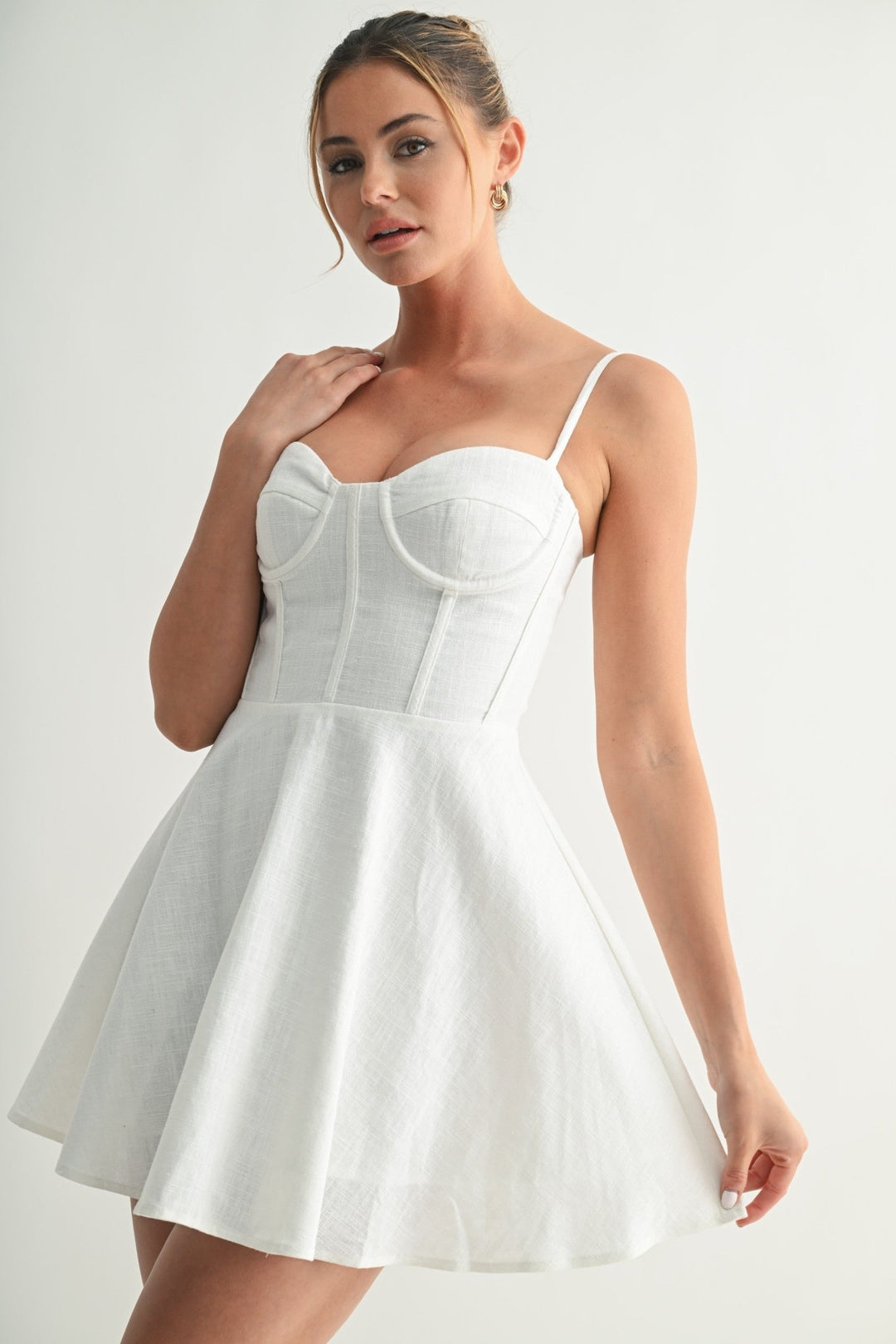 White Linen Bustier Flare Mini Dress STYLED BY ALX COUTURE White Linen Bustier Flare Mini Dress STYLED BY ALX COUTURE
