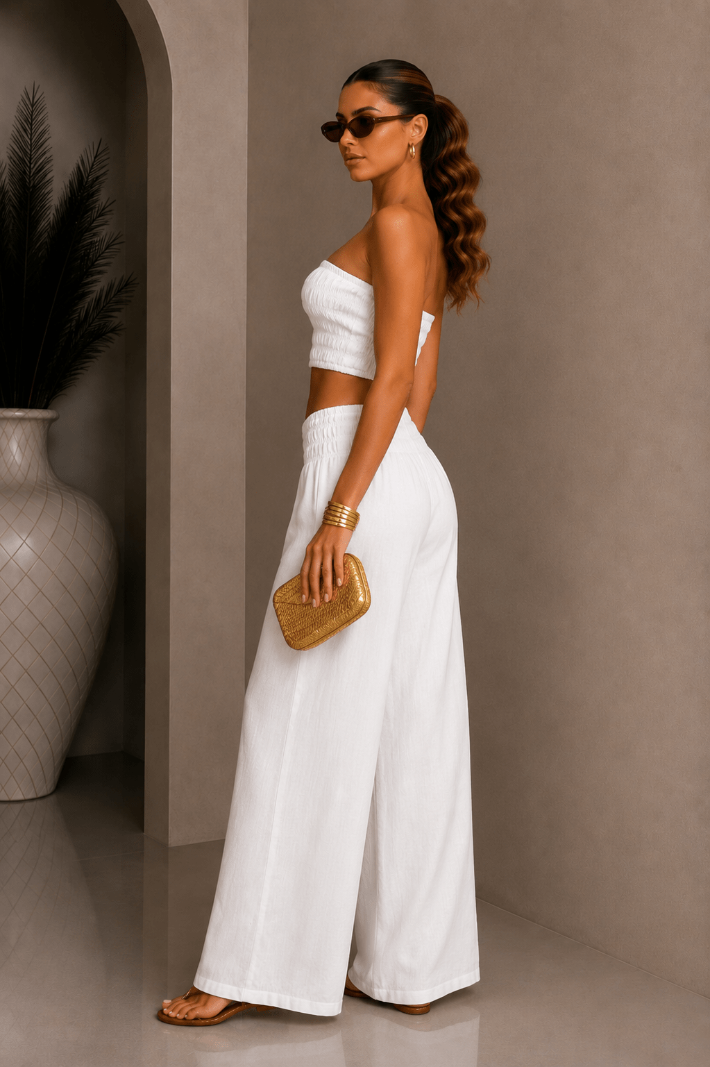 White Linen Strapless Pant Set
