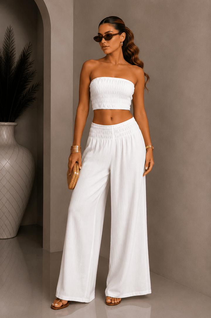 White Linen Strapless Pant Set - STYLED BY ALX COUTUREOutfit Sets