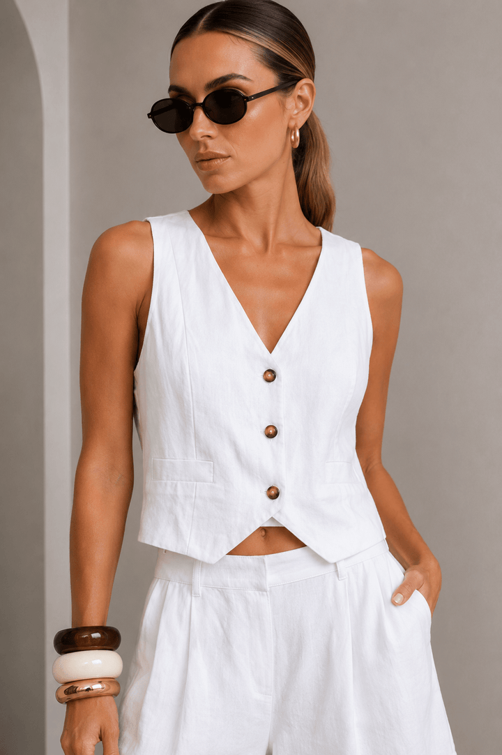 White Linen Vest Shorts Set - STYLED BY ALX COUTUREOutfit Sets