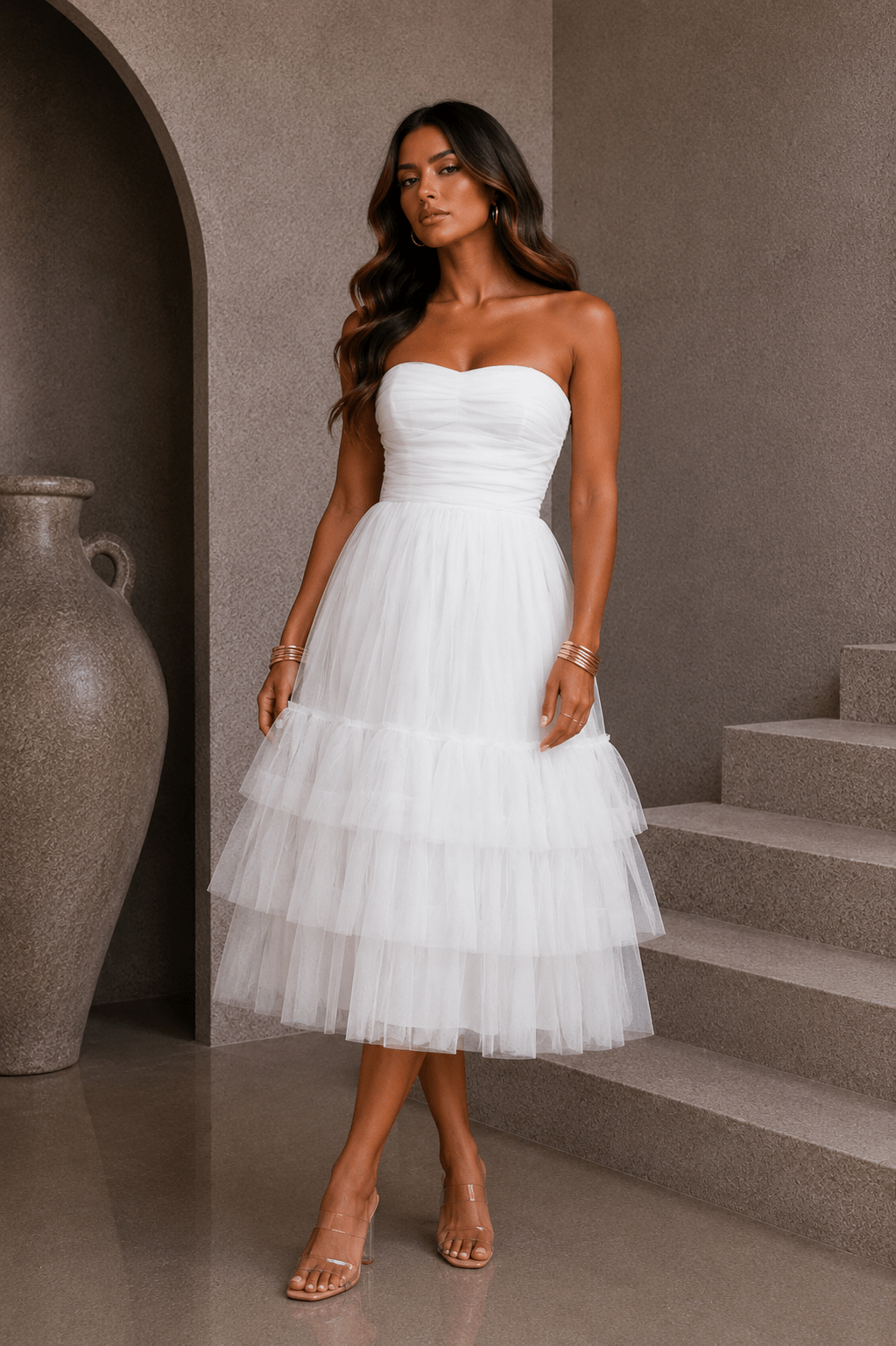 White Mesh Bubble Midi Dress - STYLED BY ALX COUTUREDresses