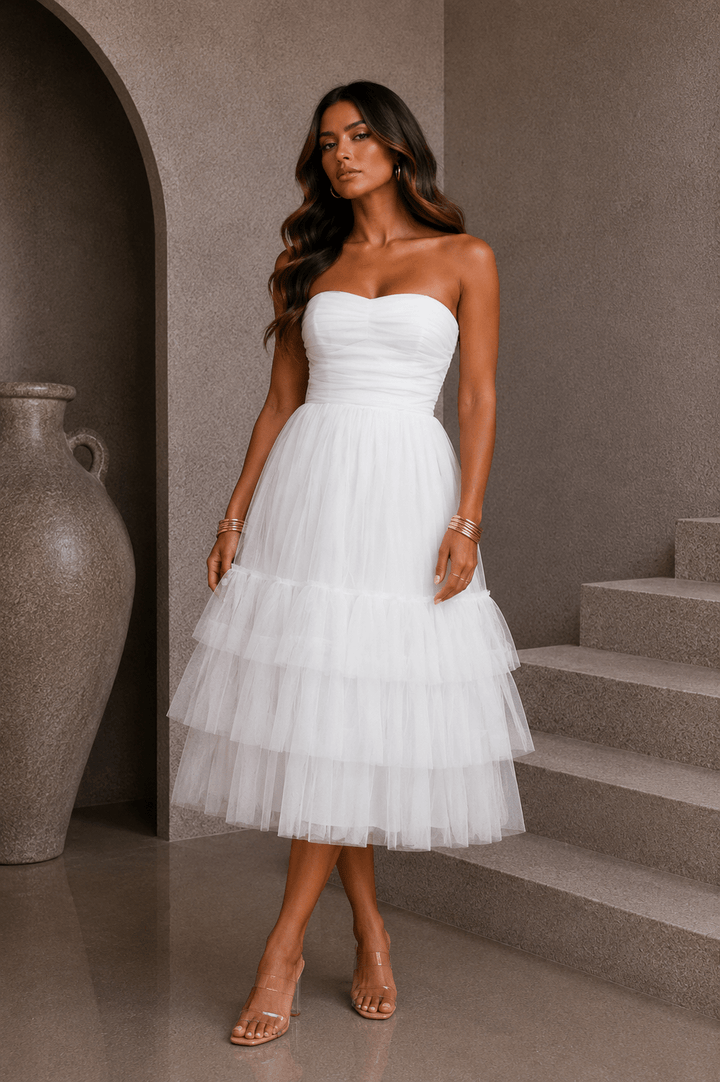 White Mesh Bubble Midi Dress - STYLED BY ALX COUTUREDresses
