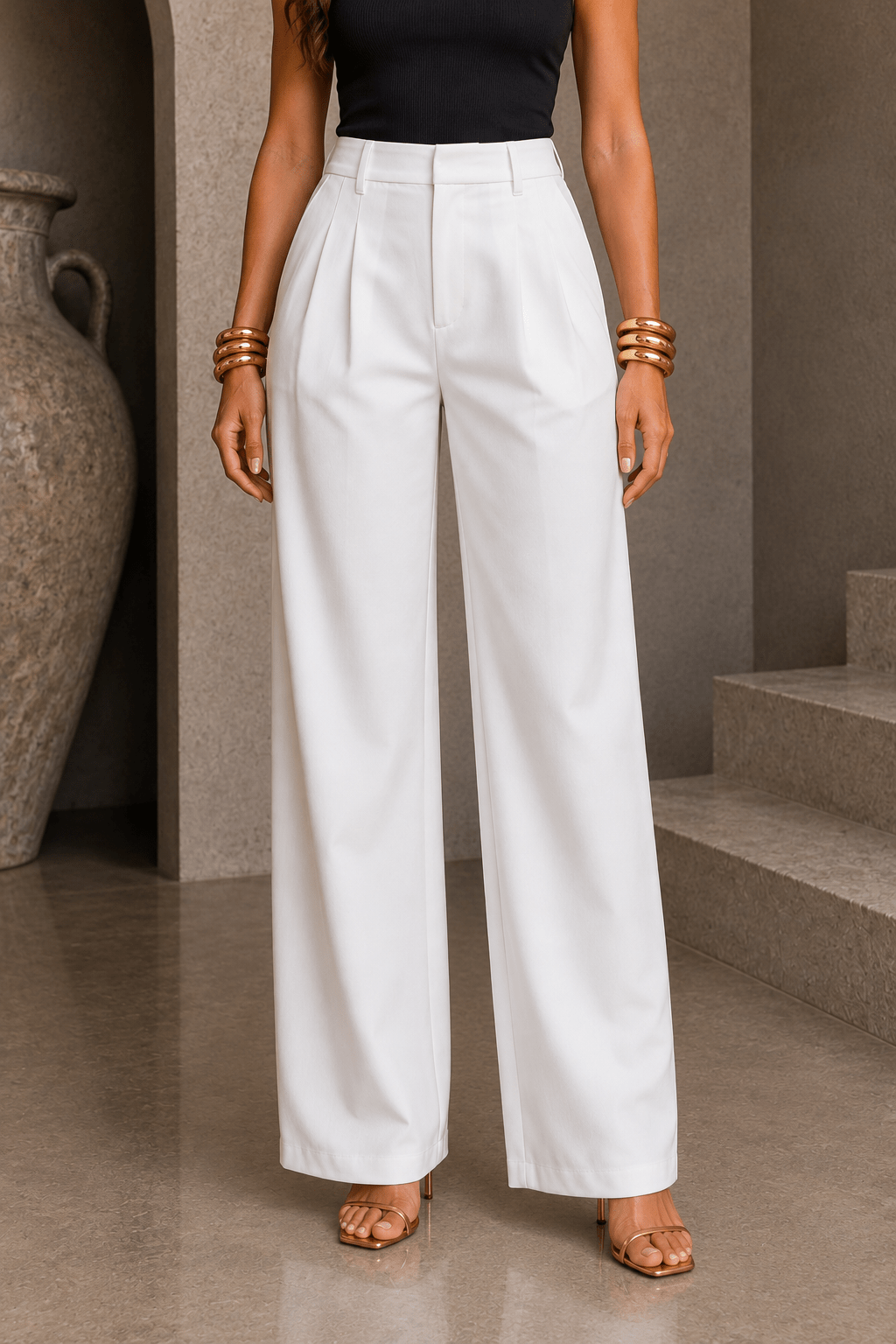 White Pleated High Waist Trousers - STYLED BY ALX COUTUREPants