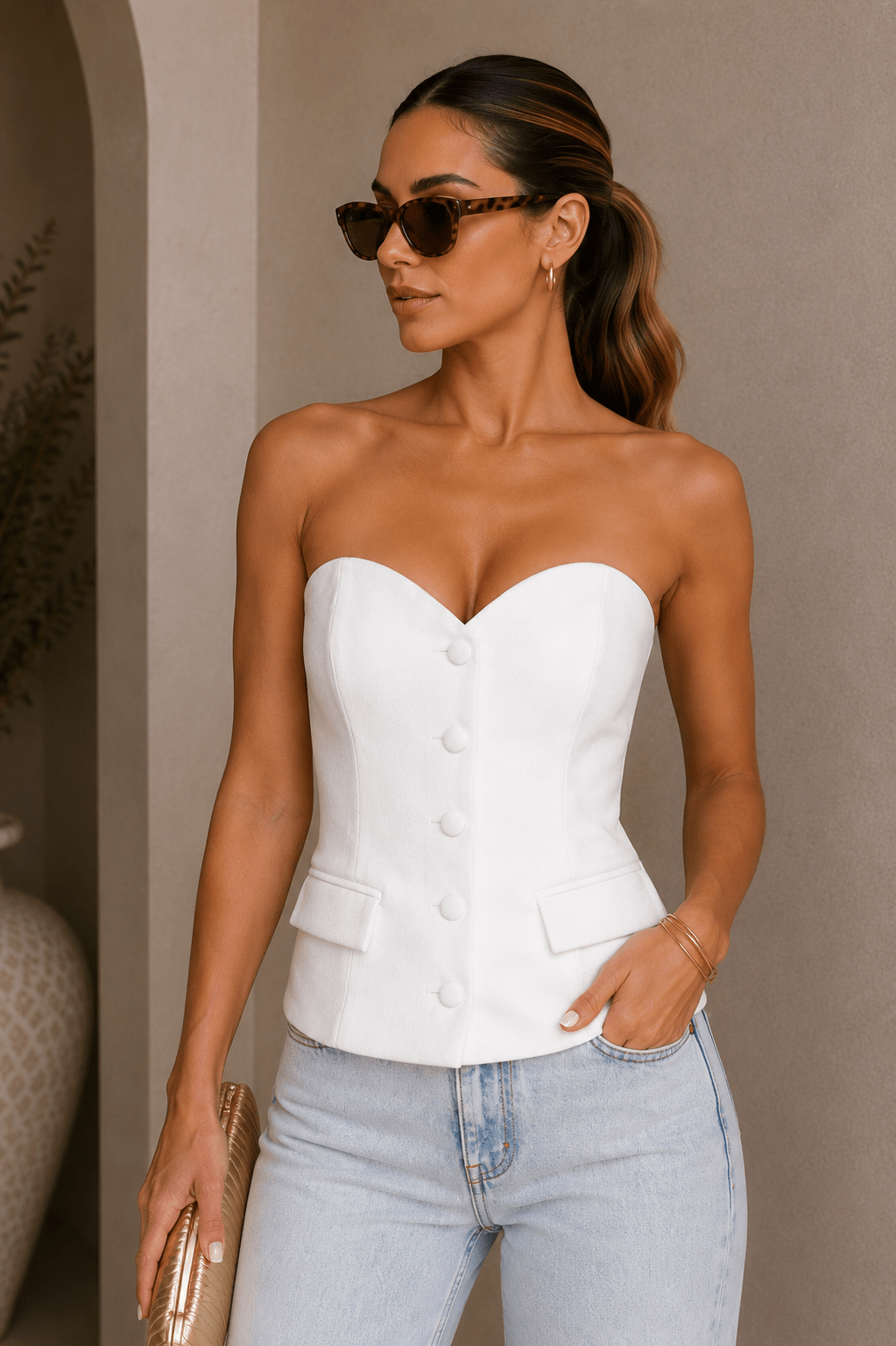 White Strapless Button Down Tailored Top - STYLED BY ALX COUTUREShirts & Tops
