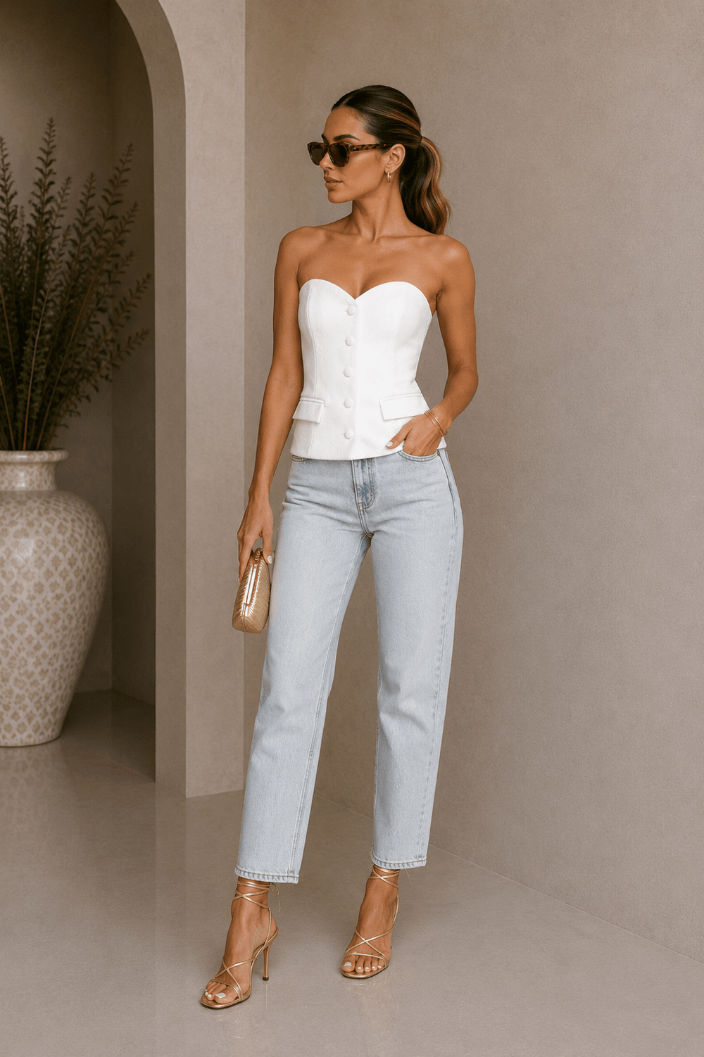 Decorative flap pockets on a structured white strapless top