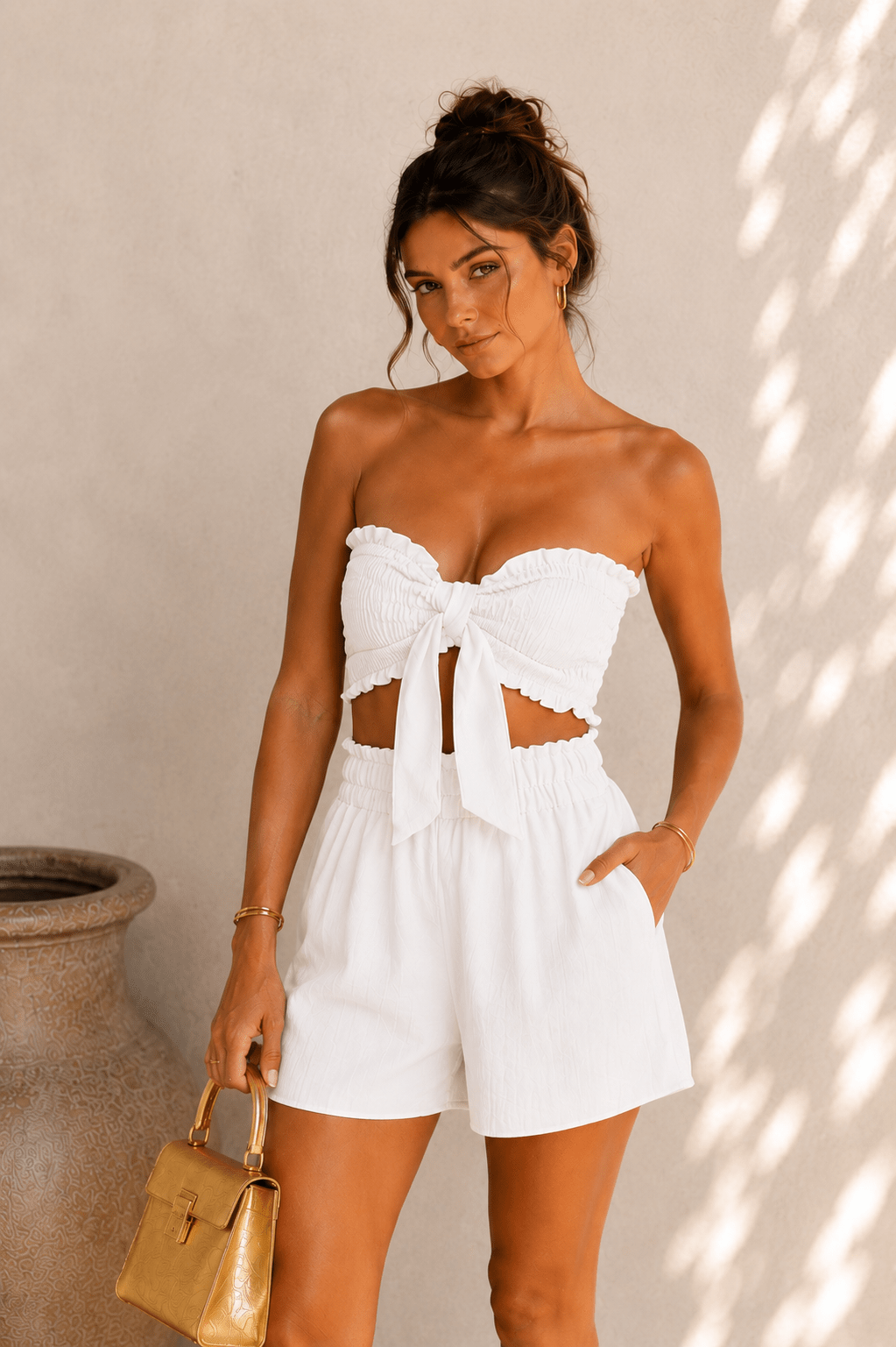 White Tie Front High Waisted Shorts Set - STYLED BY ALX COUTUREOutfit Sets