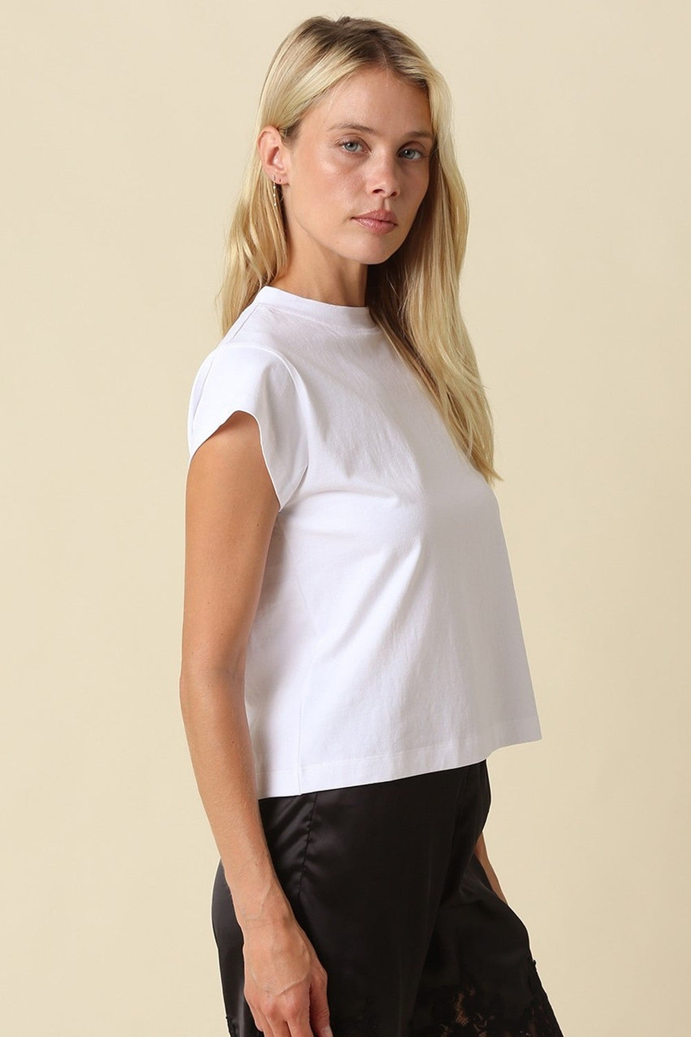 White Valerie Mock Neck Cap Sleeve Crop Tee - STYLED BY ALX COUTURETops