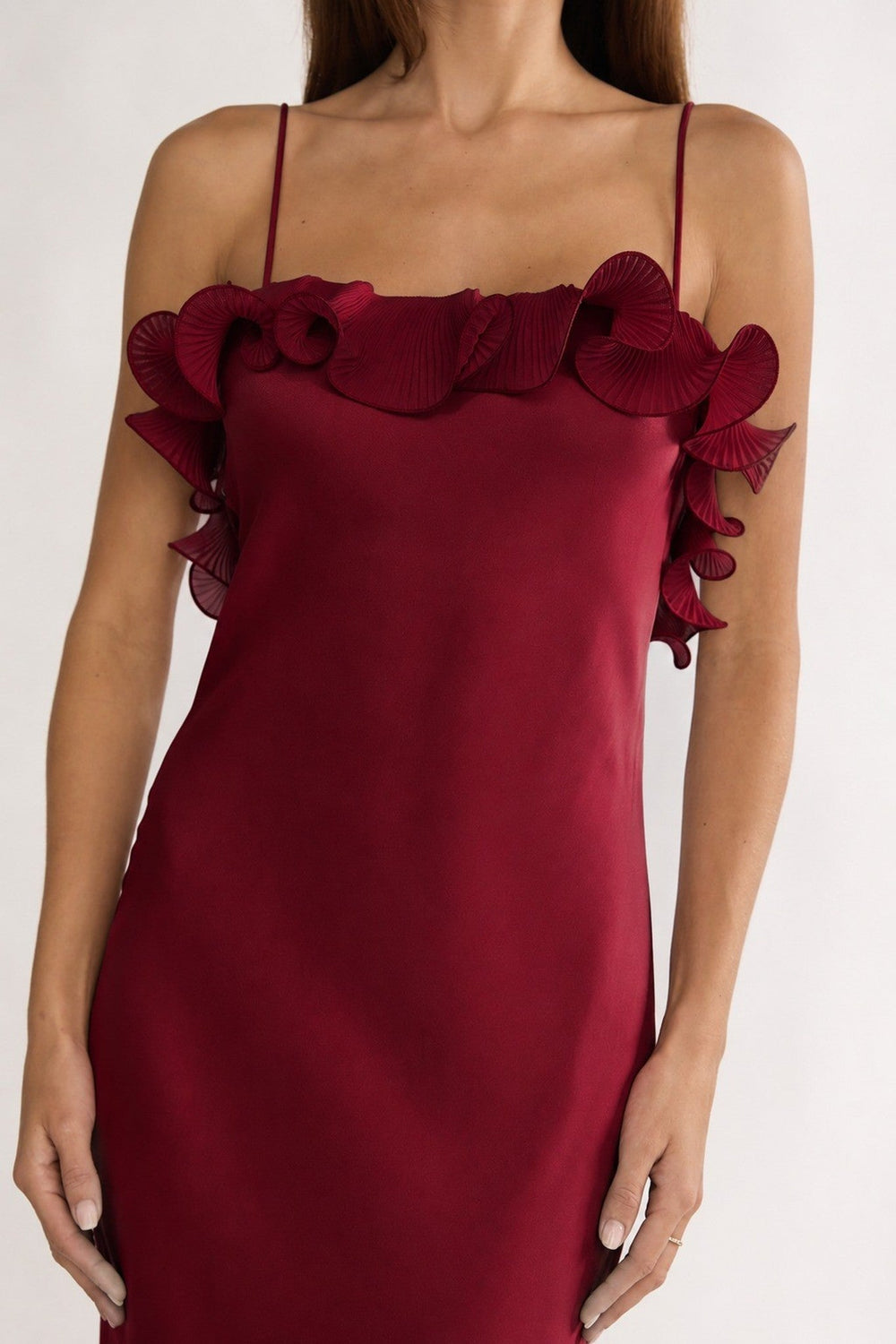 Wine Asymmetrical Off Shoulder Ruffle Satin Midi Dress - STYLED BY ALX COUTUREDresses
