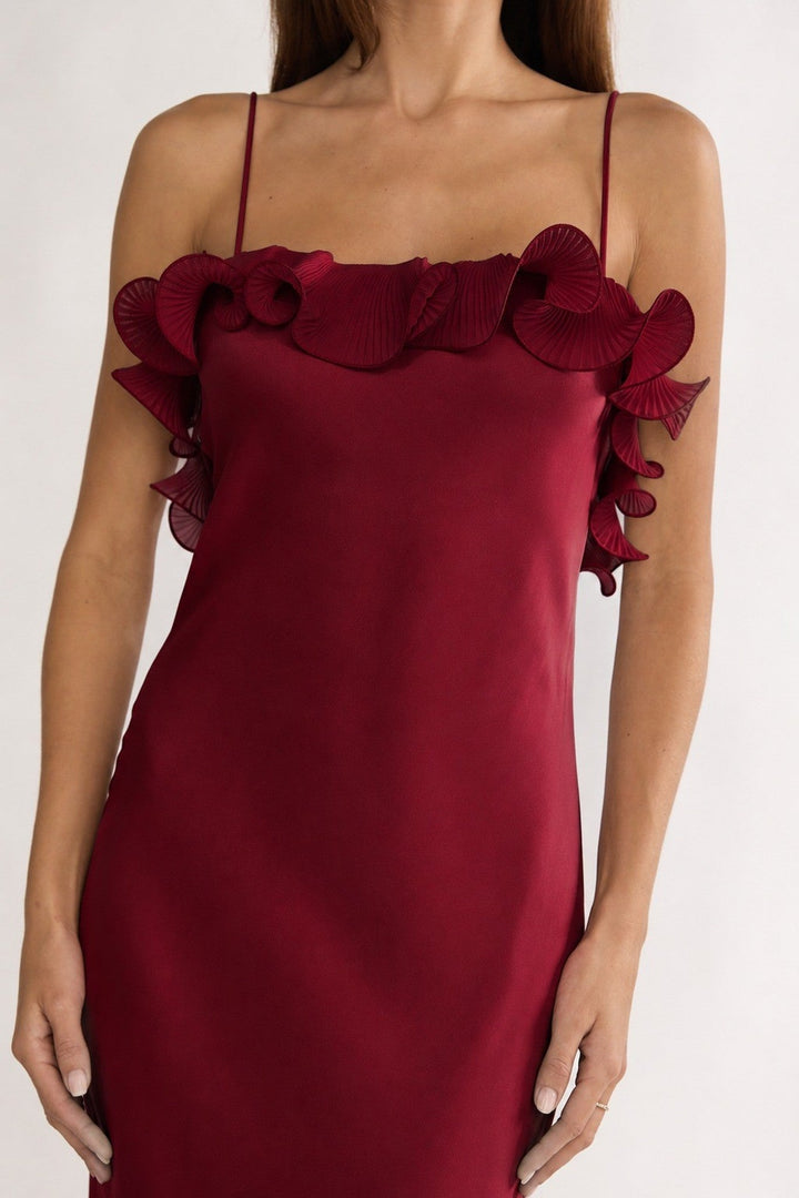 Wine Asymmetrical Off Shoulder Ruffle Satin Midi Dress - STYLED BY ALX COUTUREDresses