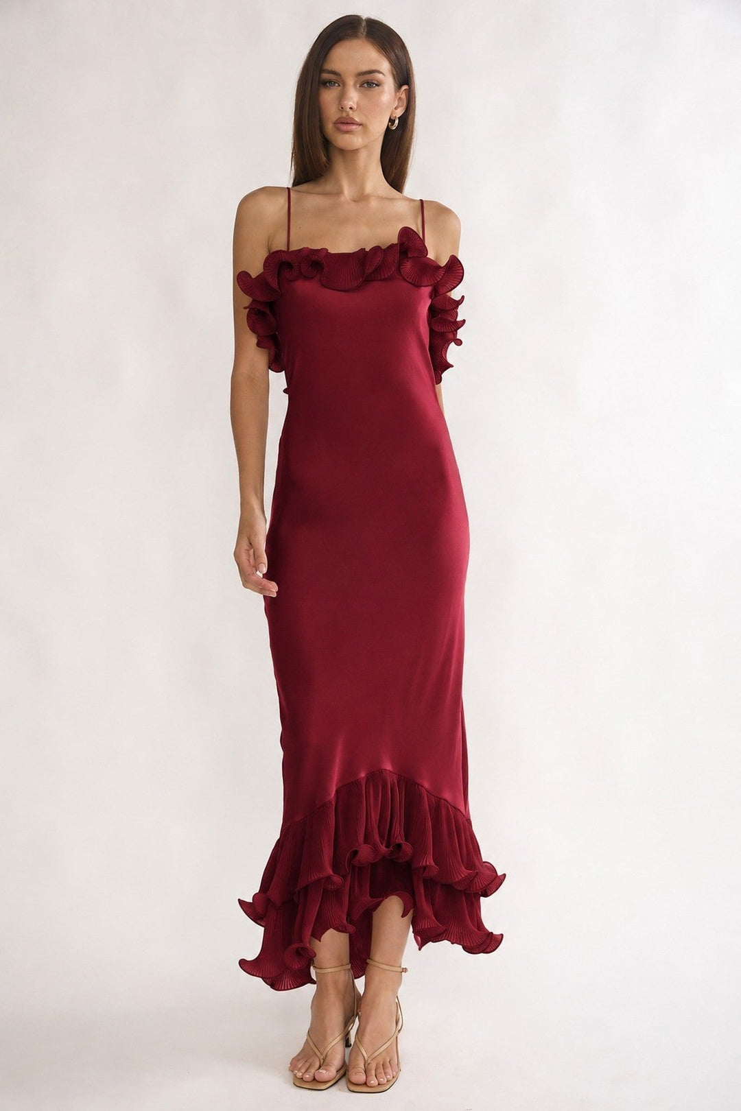 Wine Asymmetrical Off Shoulder Ruffle Satin Midi Dress - STYLED BY ALX COUTUREDresses